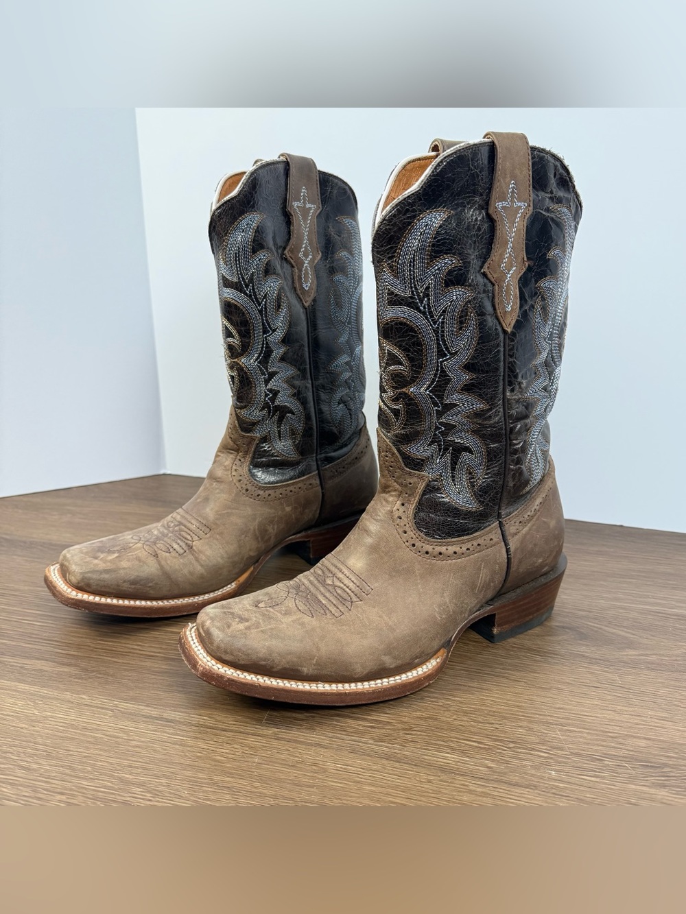 JB Dillons Women’s  Black and Brown Leather Square Toe Western Cowboy Boots
